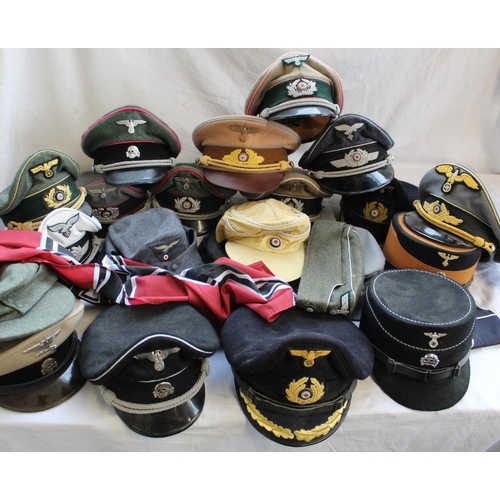 843 - Large collection of reproduction WWII German officers and enlisted men caps including Panzer divisio... 