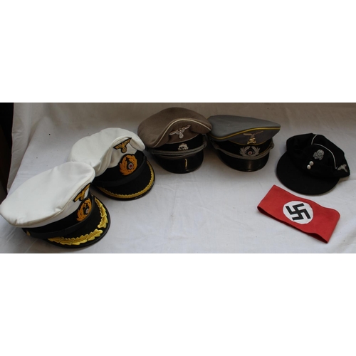 846 - Collection of German military caps including officers Naval caps, SS cloth cap, German military armb... 