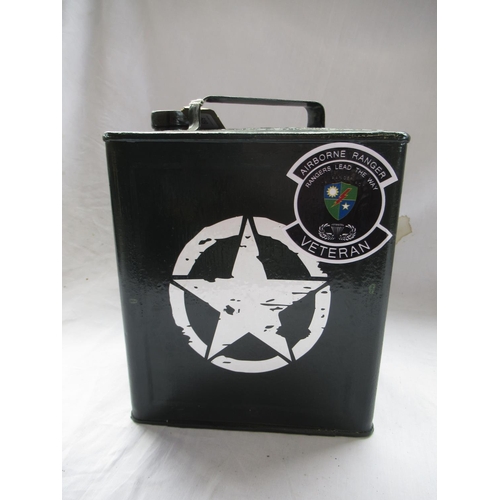 509 - Vintage Valor fuel can, black painted and with Airborne Ranger and silver star decals, H35cm