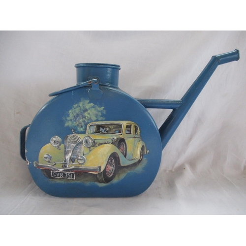 511 - Vintage metal watering can, blue painted with a 1937 Triumph Dolomite 6 cylinder Saloon, L60cm