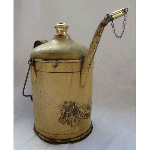 512 - Vintage cylindrical Petroleum can, with domed top, spout and swing handle, H30cm