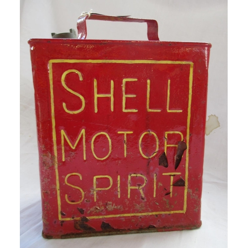 514 - Vintage red painted Shell fuel can, with yellow detail and brass Shell screw top, H32cm