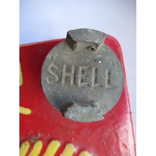 514 - Vintage red painted Shell fuel can, with yellow detail and brass Shell screw top, H32cm