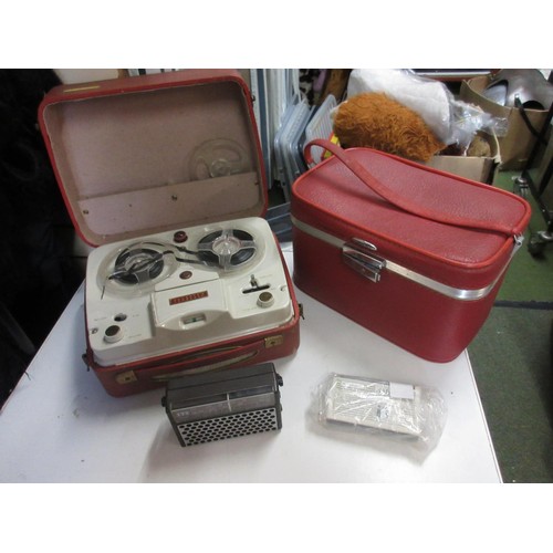 1126 - Fergusson reel-to-reel tape player, red antler travel case, Hi-Bunsonic clock radio and a ITT Pony r... 