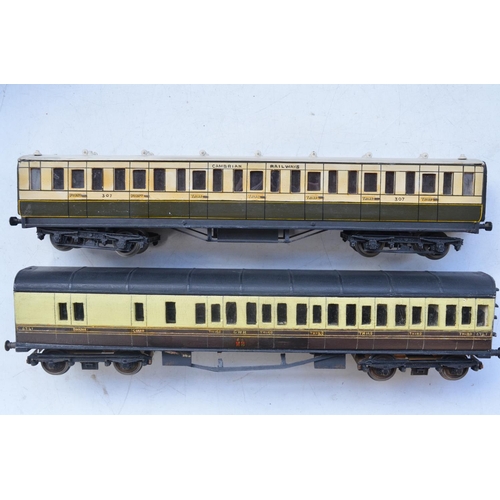 345 - Collection of toy train models in various gauges to include 2 homemade O gauge wood passenger coache... 