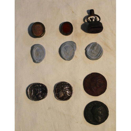 887 - Metal Detector Artefacts - Collection of two Roman coins and  two possible reproduction Greek silver... 