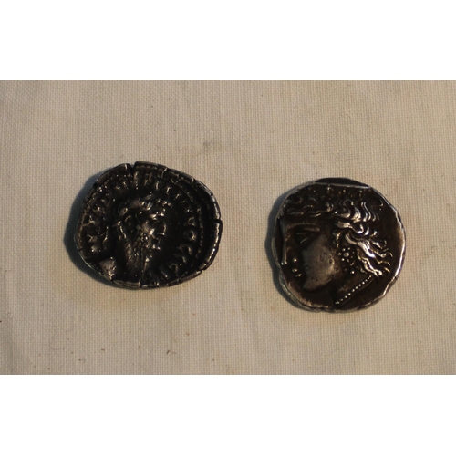 887 - Metal Detector Artefacts - Collection of two Roman coins and  two possible reproduction Greek silver... 