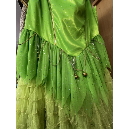 1172 - Pantomime dame 'walk down'/finale dress - green sparkled dress with foliage and bells, net skirt, bl... 