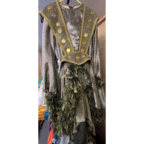 1173 - Pantomime dame 'walk down'/finale dress - leopard print dress with green feathered trim and floral/f... 