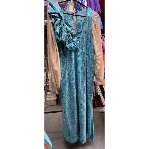 1178 - Pantomime dame 'walk down'/finale dresses - sparkly teal dress with chiffon sleeves and matching hea... 