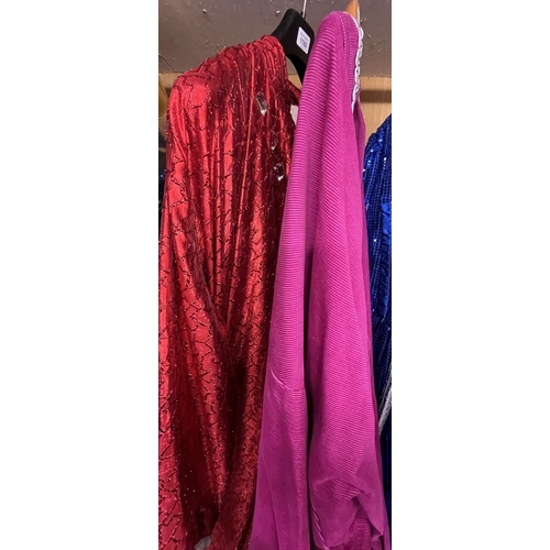 1180 - Pantomime dame 'walk down'/finale dresses - magenta corduroy dress with silver detail, and sparkly r... 