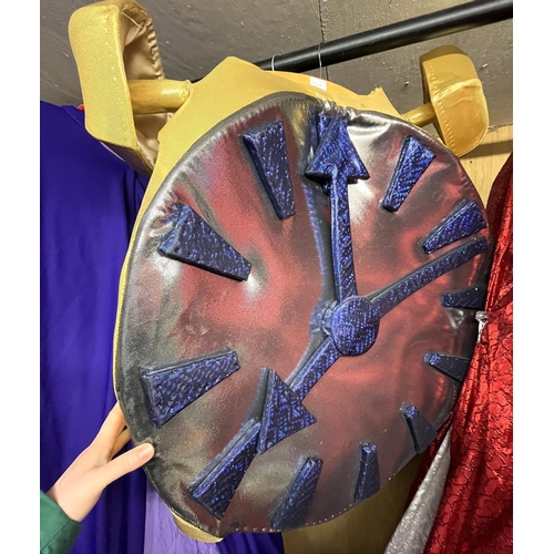 Large gold clock and teapot pantomime costumes (2)