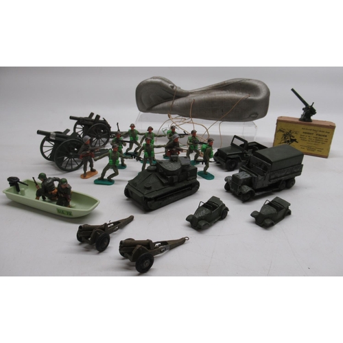 407 - Two Britains Field Guns, Lone Star Jeep, Dinky Troop carrier, Tank, and two staff cars, two small di... 