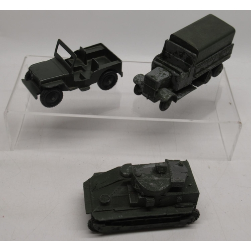 407 - Two Britains Field Guns, Lone Star Jeep, Dinky Troop carrier, Tank, and two staff cars, two small di... 