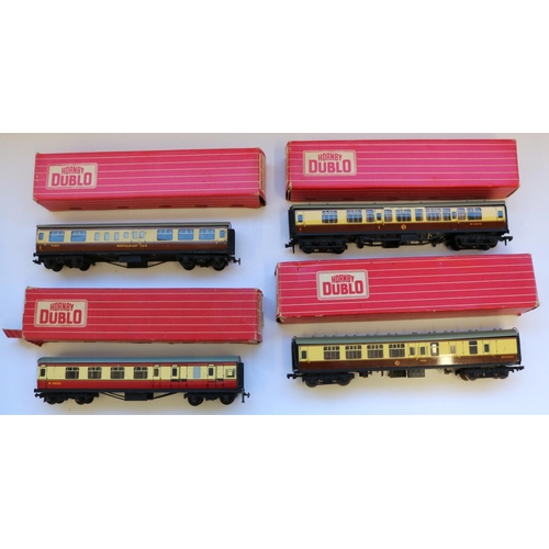 294 - Two Hornby Dublo OO gauge WR composite restaurant car no. 4047, WR brake/2nd corridor coach 4051, MR... 