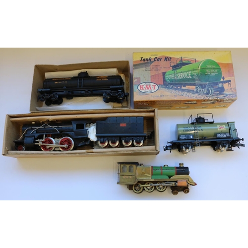 312 - Paya clockwork O gauge locomotive and tender boxed, K.M.T. kit built O gauge twin bogey chemical tan... 