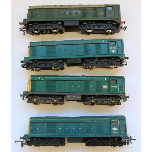 319 - Four Hornby Dublo OO gauge class 20 locomotives in BR green and BR blue