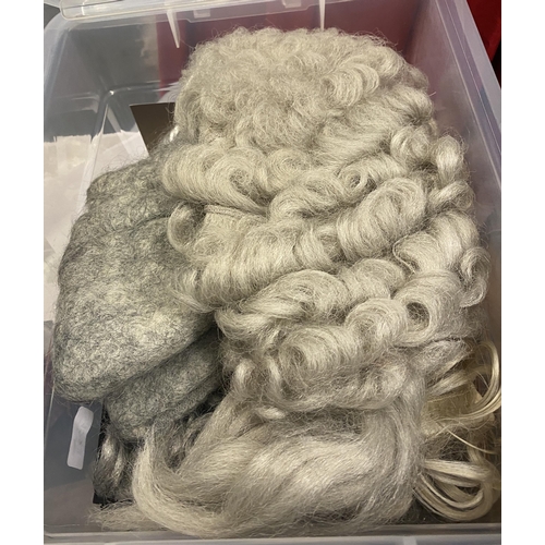 1223 - Barrister style gowns and a box of barrister style wigs, approx. 15