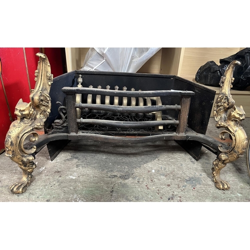 1264 - 19th century reproduction cast iron fire grate with bronzed griffon masks and claw feet, approx. W75... 