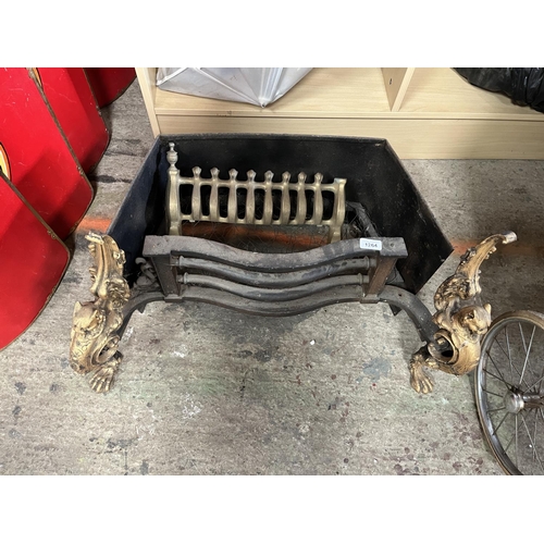 1264 - 19th century reproduction cast iron fire grate with bronzed griffon masks and claw feet, approx. W75... 