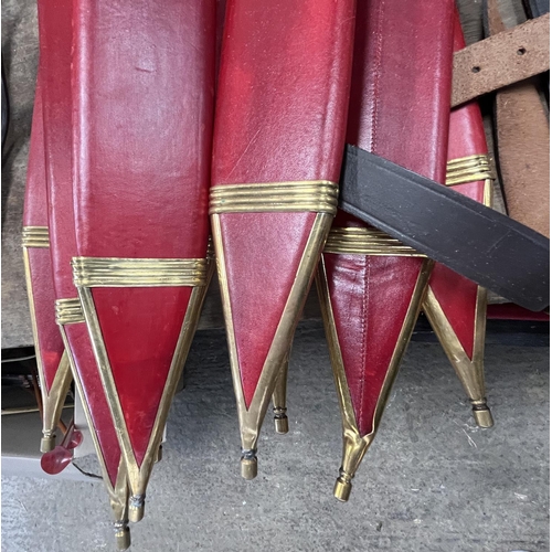 1271 - Replica Roman centurion's gladius short swords with faux bone handle, red leather sheath with brass ... 