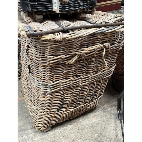 1302 - Large vintage wicker laundry hamper basket with lid, approx W91cm H76cm D61cm