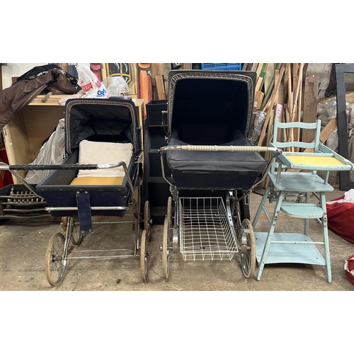 1296 - Two vintage prams including one by Marmet, and a vintage child’s high chair (3)