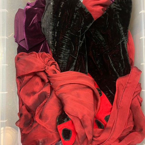 569 - Marooon velvet showgirl outfits, approx. 10, matching diamante gloves, purple teddies, etc. (1 box)