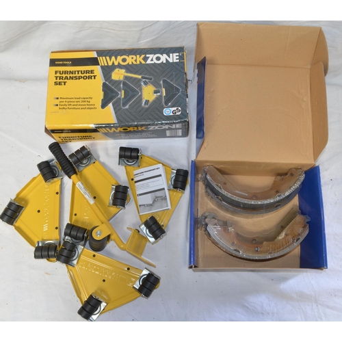 1176 - Workzone furniture transport set, Powerfix chain hoist, a set of factory sealed Euromax rear brake s... 