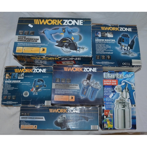 1178 - Collection of boxed Workzone corded handheld tools (most need extension/adapter cable) to incl. 1200... 