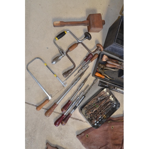 1104 - Collection of hand tools incl. large saws, files, twist drills, a J Rabone cast steel spirit level, ... 