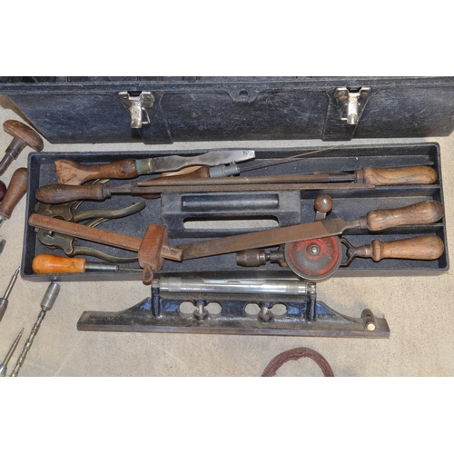 1104 - Collection of hand tools incl. large saws, files, twist drills, a J Rabone cast steel spirit level, ... 