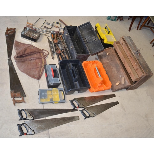 1104 - Collection of hand tools incl. large saws, files, twist drills, a J Rabone cast steel spirit level, ... 