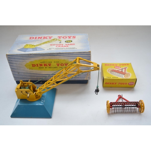 478 - Boxed Dinky Toys set 752 Goods Yard Crane and set 324 Hay Rake, an unboxed Dinky Johnston Road Sweep... 