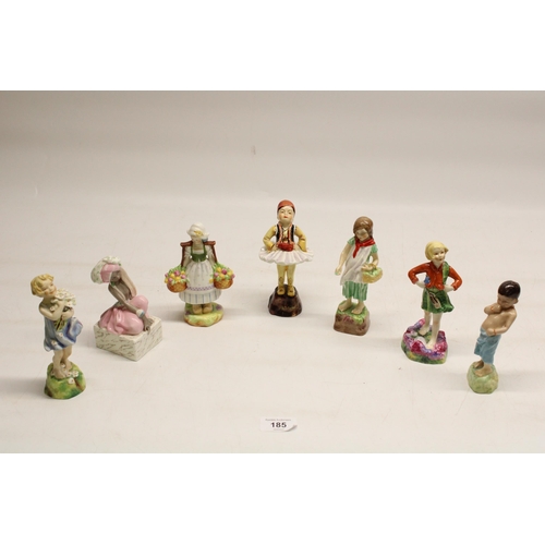 185 - Seven Royal Worcester Country themed figures, 'Ireland' No.3178 H14.5cm, 'England' No.3075 H14cm, 'G... 