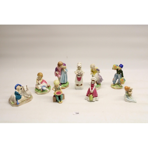 186 - Nine Royal Worcester Nursery Rhyme theme figures 'Babes in the Wood' black backstamp 3302 H16cm, 'Go... 