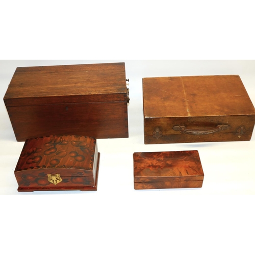 119 - Victorian mahogany deed box with brass swan neck handles, W38.5cm D20.5cm H18cm, a light wood artist... 