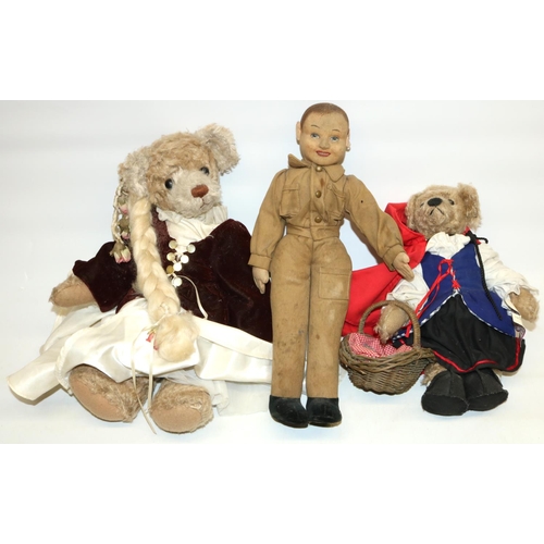 126 - Merrythought felt doll in British Army uniform, Annette Funicello Collectable Bear Co gold mohair te... 