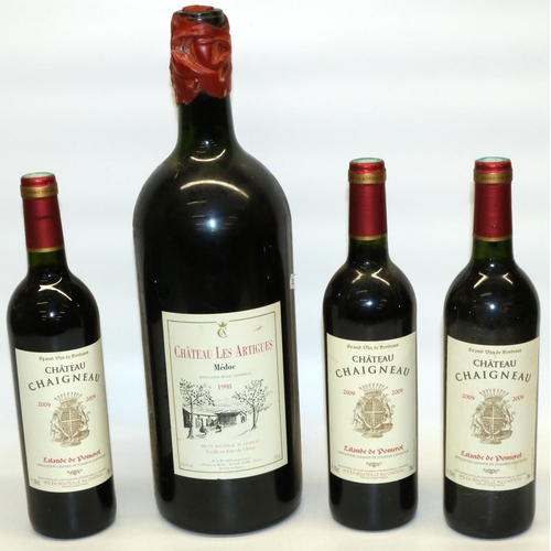 137 - Chateau Les Artigues Medoc 1998 150cl bottle wax sealed with decorated reverse and three Chateau Cha... 