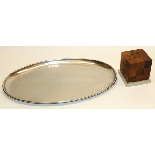 295 - Keswick School of Industrial Art oval tray, spot hammered, marked Firth Staybrite, L41cm, and a Piet... 