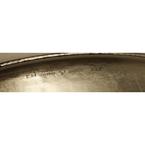 295 - Keswick School of Industrial Art oval tray, spot hammered, marked Firth Staybrite, L41cm, and a Piet... 