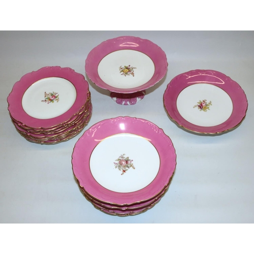 301 - C19th dinnerware with pink borders and central painted floral sprays, painted pattern number 368, pr... 