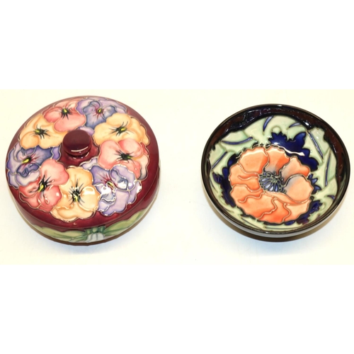 308 - Moorcroft Pansy pattern lidded circular trinket dish, mid-purple ground, D12cm, and a Moorcroft Popp... 