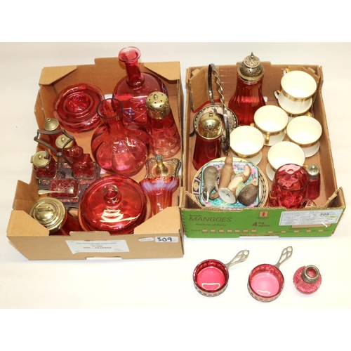 309 - Collection of late C19th/early C20th cranberry glass including two hallmarked silver and cranberry g... 