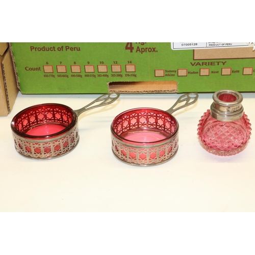 309 - Collection of late C19th/early C20th cranberry glass including two hallmarked silver and cranberry g... 