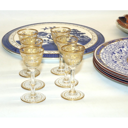 310 - Six C19th gilt decorated continental liqueur glasses, H9.5cm, Booths Old Willow cake plate, D29cm, J... 