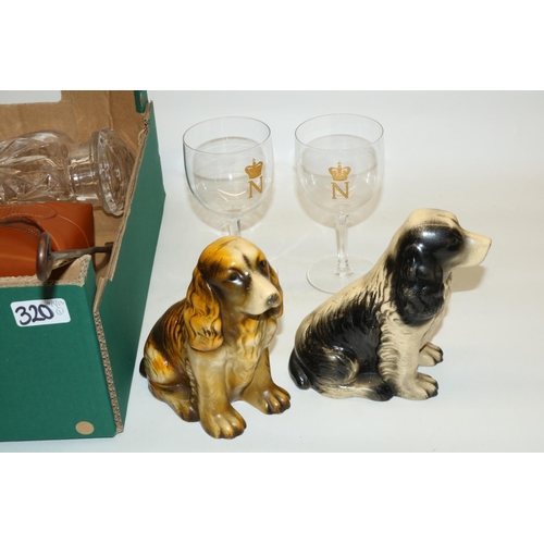 320 - Ceramics and glassware including two Art Deco spaniels, H17cm and a cut glass cocktail shaker/decant... 