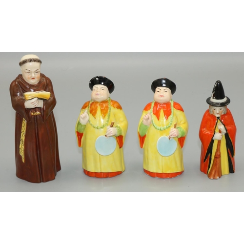 391 - Royal Worcester character candle snuffers: friar, witch, and two Chinese men (4)