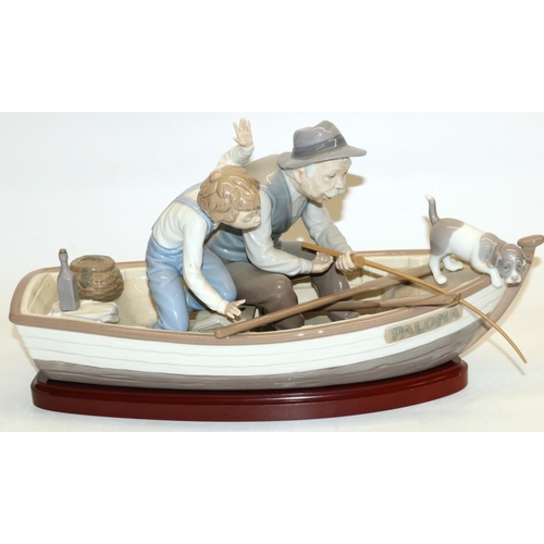 408 - Lladro group, 'Fishing with Gramps' #5215, L39cm, with wooden plinth