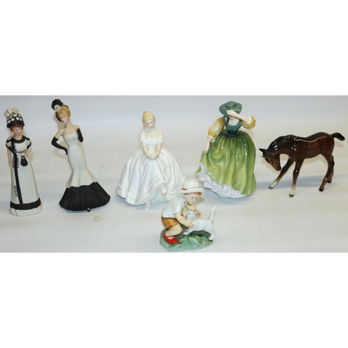 417 - Royal Doulton figures Heather HN 2956 and Buttercup HN2309, Beswick foal, Royal Worcester figure Sno... 